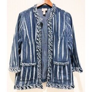 Chico's sz. 2 Large Blue Soft Cotton Denim Fringe Jacket Top with Pockets Y2K